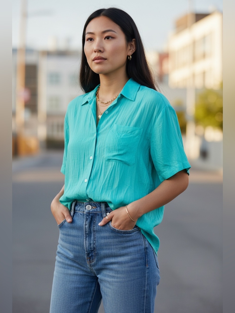 Vintage 1990s CHAUS 100% Silk Aqua Green Button Front Blouse Women’s Large NWT - Picture 2 of 9